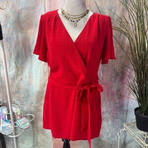 New 📌Premier Amour Feminine & Romantic Fire Red Romper with Pockets